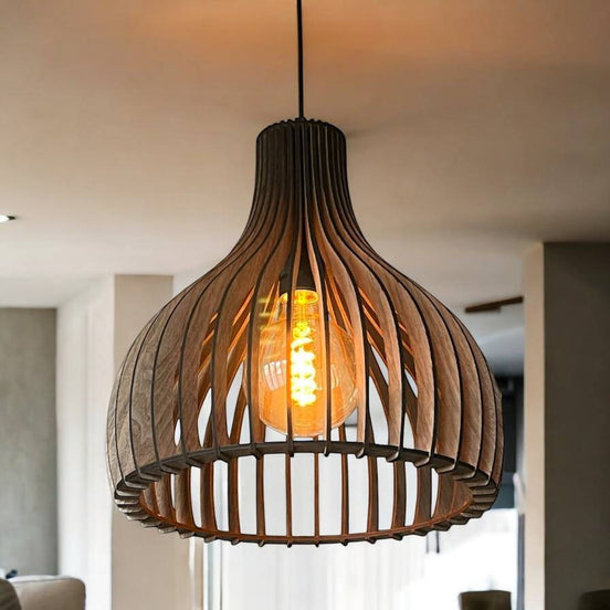 Houten lamellen hanglamp mdf walnootfineer design Decospace