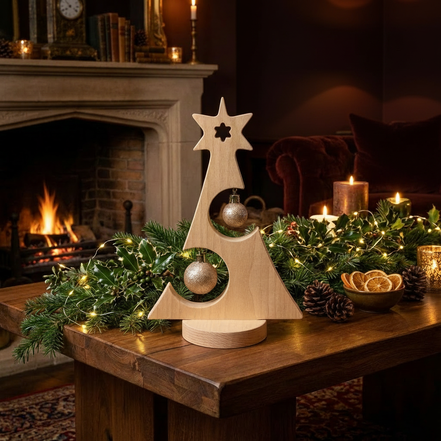 Houten kerstboom met kerstballen massief beukenhout