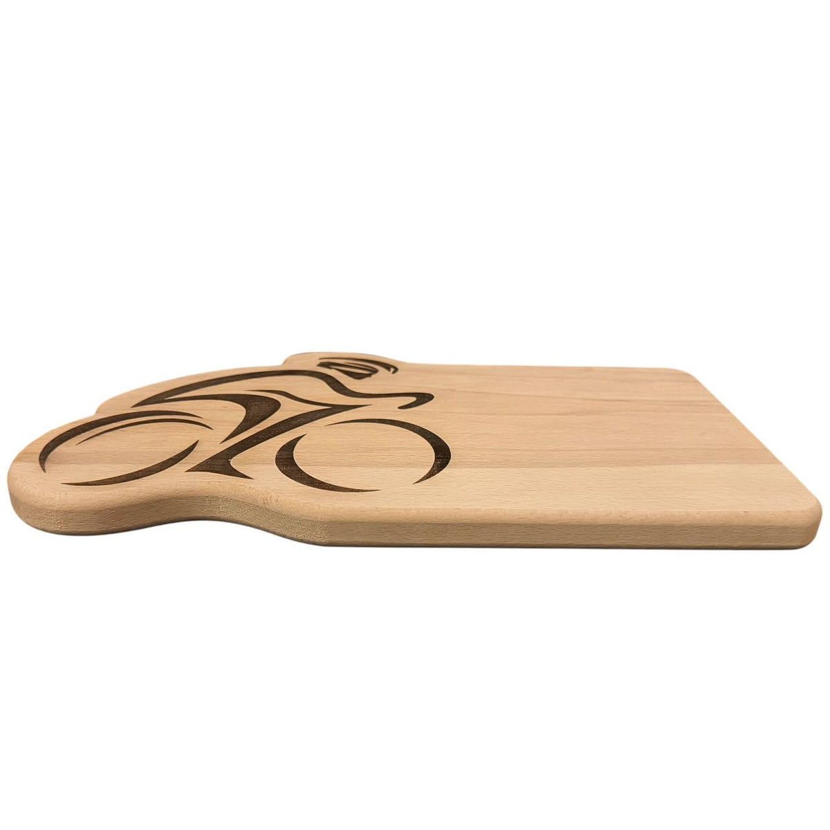 Wielrenner borrelplank van massief beukenhout met gegraveerde wielrenner, zijaanzicht van 2 cm dikke plank
