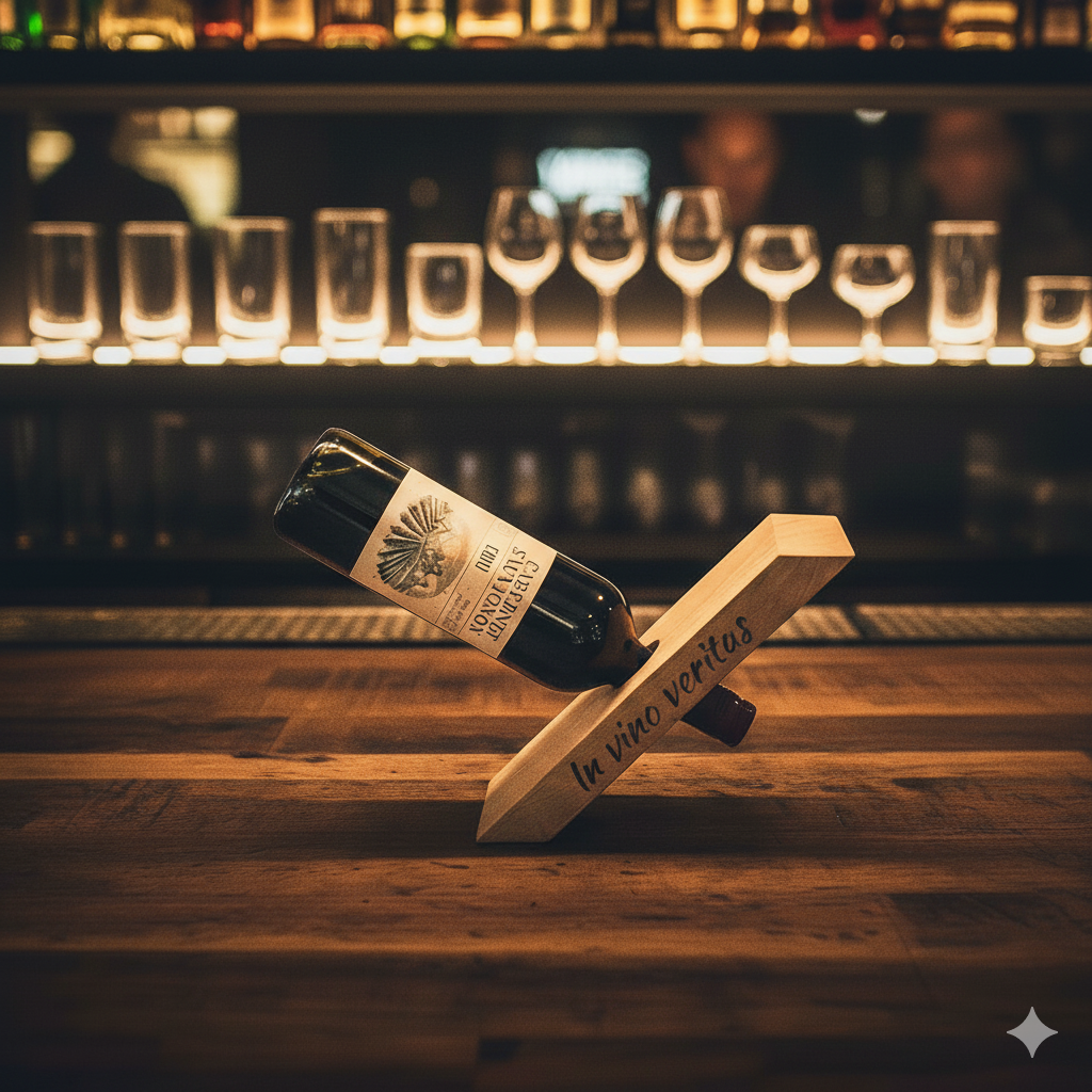 Wijnfleshouder van massief eikenhout die in balans blijft met een wijnfles