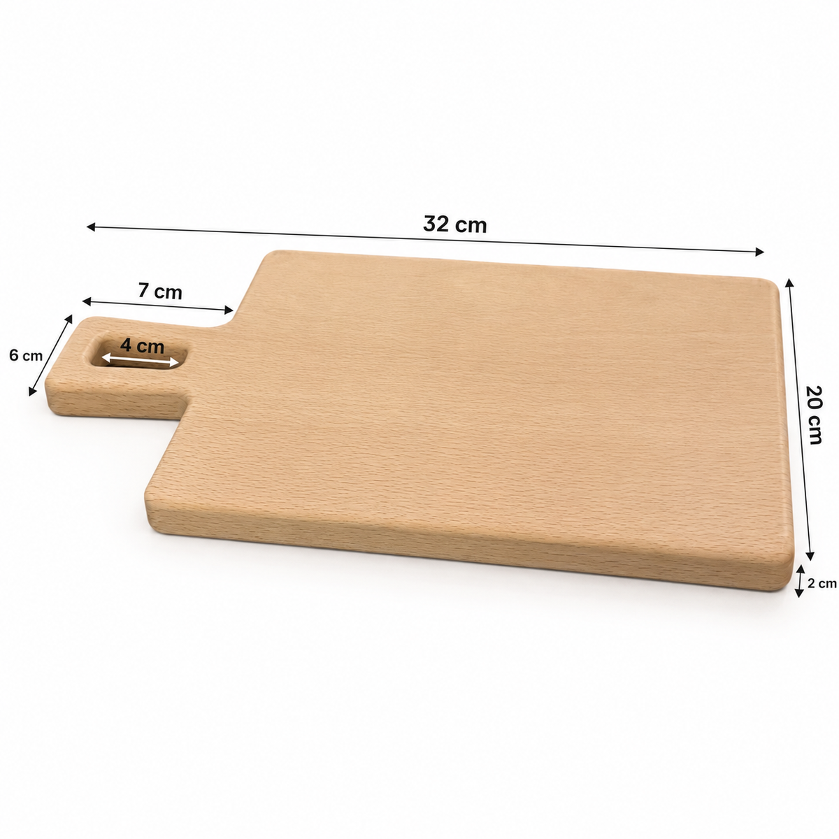 Beukenhouten borrelplank met handvat en afmetingen 32 × 20 × 2 cm – DecoSpace
