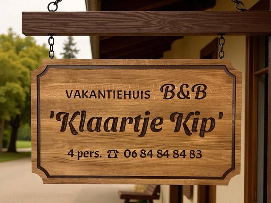 Massieve houten Bed and Breakfast plank met ingefreesde tekst