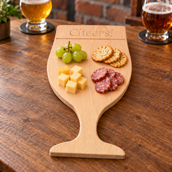 Beukenhouten borrelplank van DecoSpace in de vorm van een speciaalbierglas, met ingefreesd ‘Cheers!’, kaas, worst, druiven en crackers, met speciaalbier op de achtergrond.
