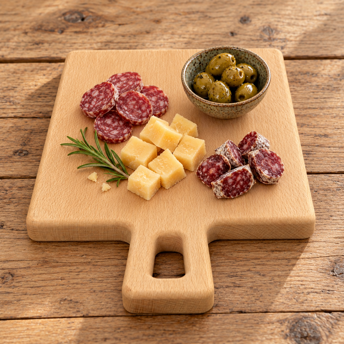 Beukenhouten borrelplank met handvat, kaas en worst – personaliseerbare hapjesplank van Decospace.