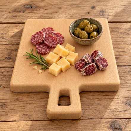 Beukenhouten borrelplank met handvat, kaas en worst – personaliseerbare hapjesplank van Decospace.