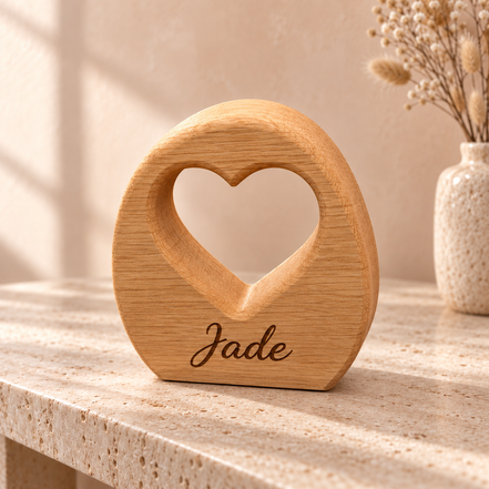 Eiken hartboog van DecoSpace met de naam Jade gegraveerd, op een lichte tafel tegen een warme achtergrond.