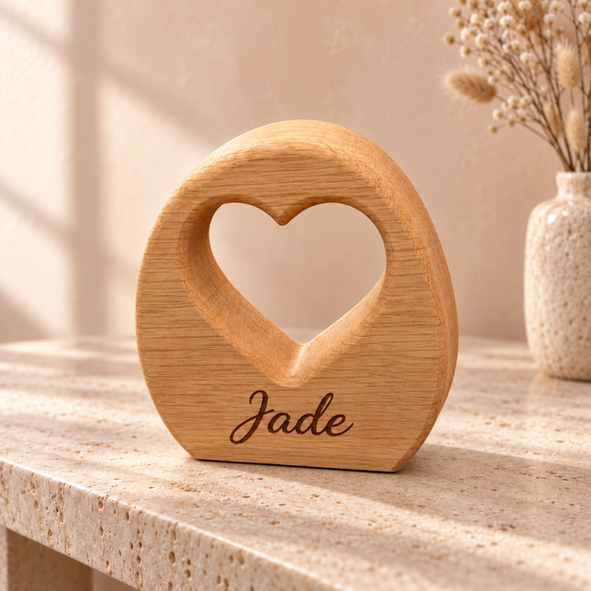 Eiken hartboog van DecoSpace met de naam Jade gegraveerd, op een lichte tafel tegen een warme achtergrond.