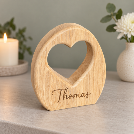 Eiken herdenkingsobject van DecoSpace met hartvormige uitsparing en de naam Thomas gegraveerd, naast een brandende kaars en witte bloem.