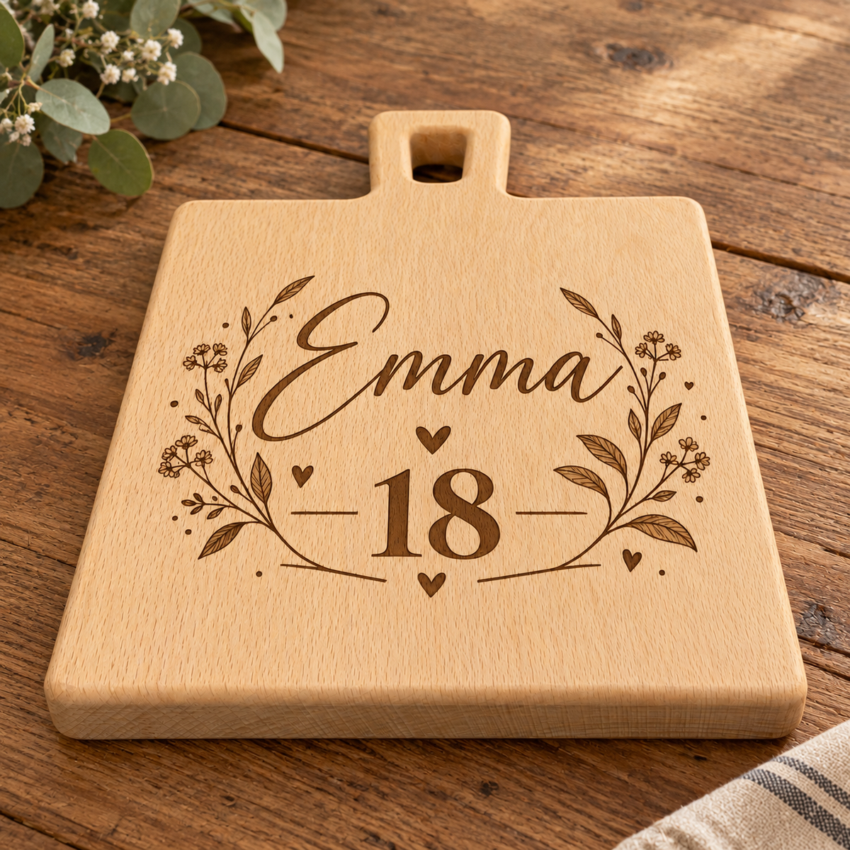 Gepersonaliseerde beukenhouten borrelplank met naam Emma en 18 jaar – Decospace