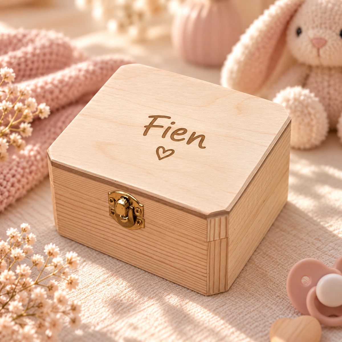 Gepersonaliseerd houten bewaarkistje met naam Fien als kraamcadeau voor een meisje – Decospace