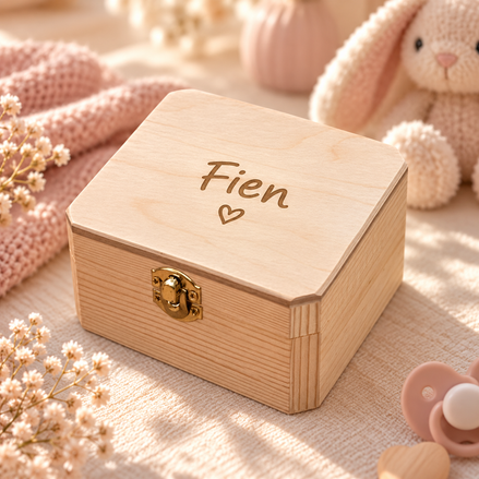 Gepersonaliseerd houten bewaarkistje met naam Fien als kraamcadeau voor een meisje – Decospace