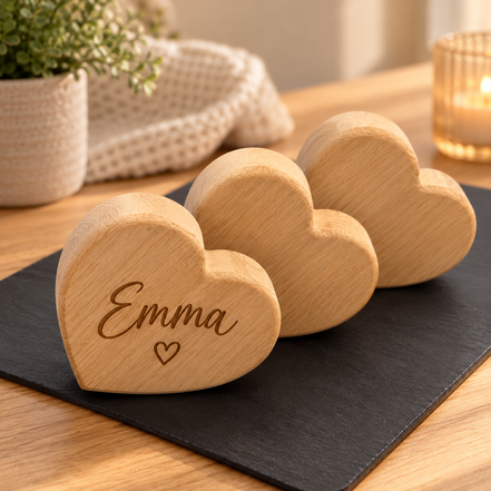 Gepersonaliseerd houten hart met naam Emma en hartje – handmatig afgewerkt door Decospace
