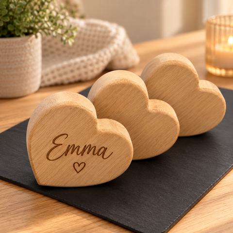 Gepersonaliseerd houten hart met naam Emma en hartje – handmatig afgewerkt door Decospace