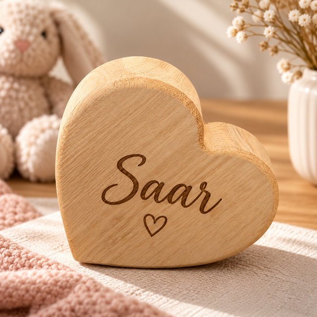 Gepersonaliseerd houten hart met naam Saar als kraamcadeau voor een meisje – Decospace