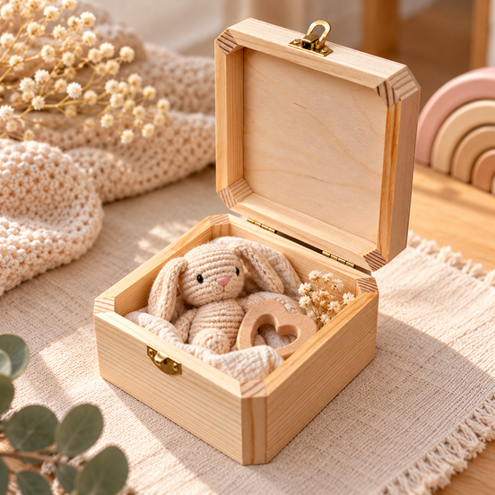 Open houten bewaarkistje als gepersonaliseerd kraamcadeau met knuffel en houten hart – Decospace