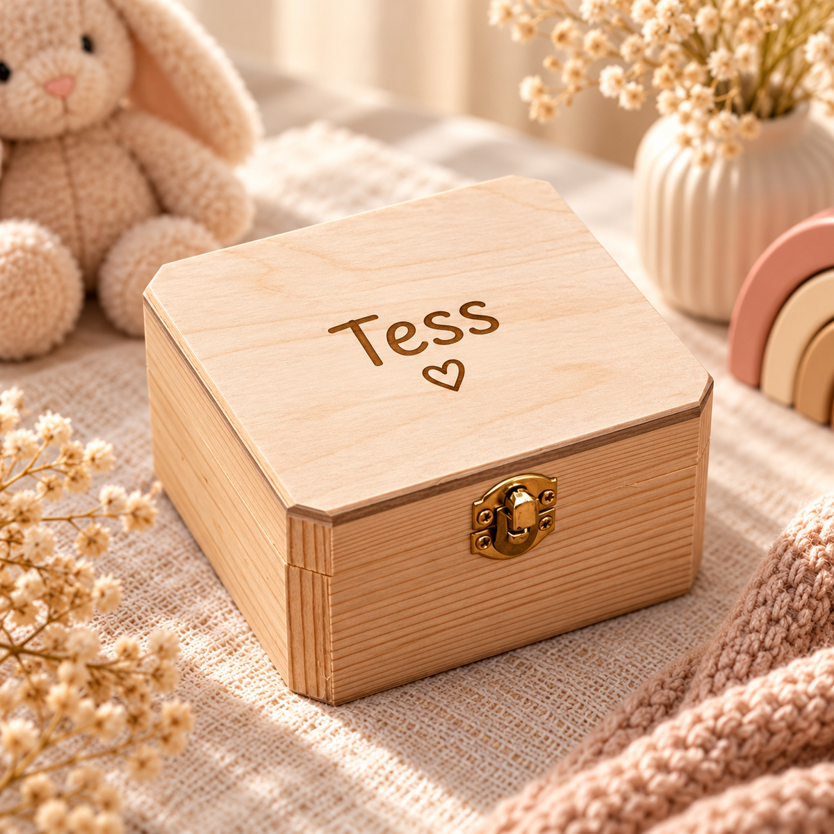 Gepersonaliseerd houten kistje met naam Tess als persoonlijk kraamcadeau – Decospace