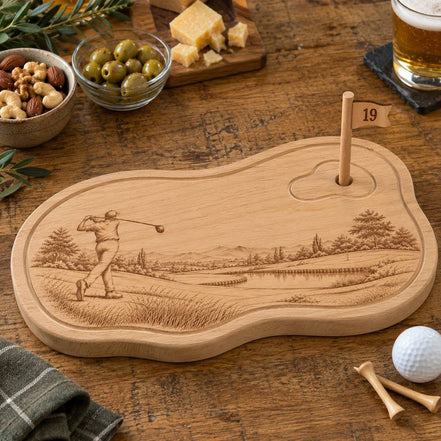 Golf borrelplank van beukenhout met gedetailleerde gravure van een golfer en golflandschap, gefreesde sapgeul en houten vlaggetje met nummer 19.