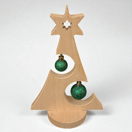 Houten kerstboom met kerstballen groen glitter