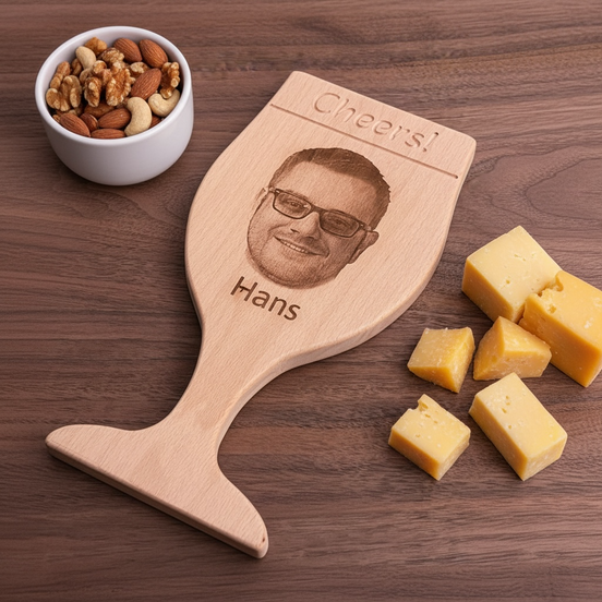 Hapjesplank van massief beukenhout in de vorm van een bierglas