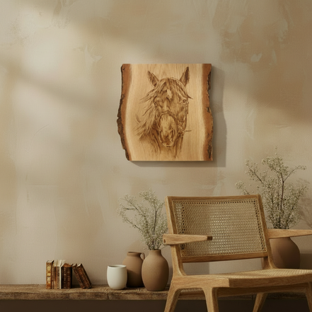 Lasergravure paardenhoofd in hout