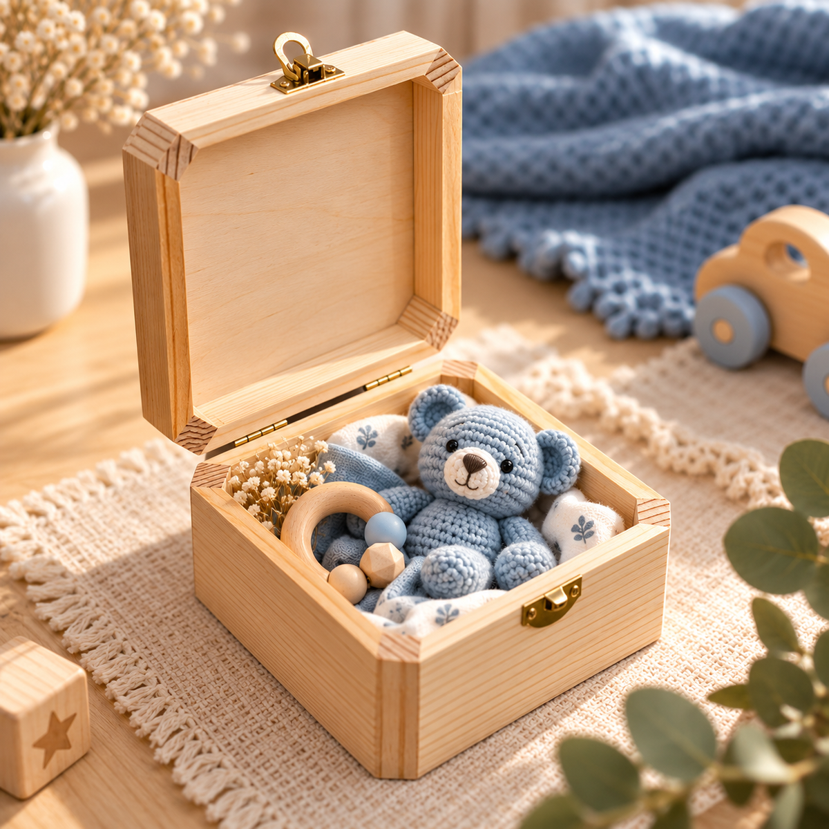 Open houten bewaarkistje als kraamcadeau voor een jongen met blauwe knuffel en babyaccessoires – Decospace