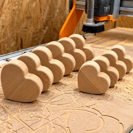 Massief houten harten tijdens het CNC frezen in de werkplaats van Decospace