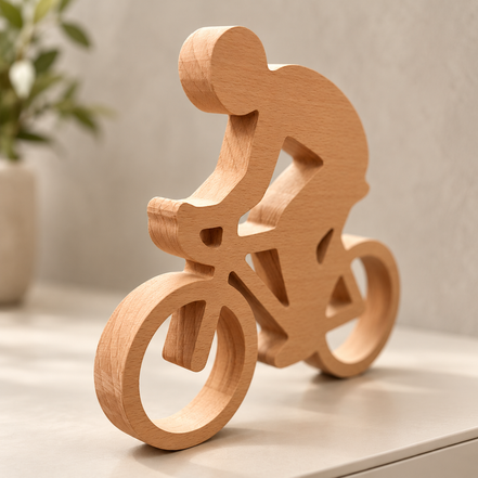 Houten wielrenner van massief beukenhout, schuin van voren gefotografeerd op een licht kastje – DecoSpace.