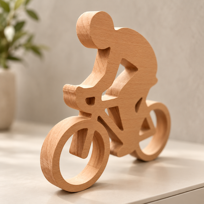 Houten wielrenner van massief beukenhout, schuin van voren gefotografeerd op een licht kastje – DecoSpace.