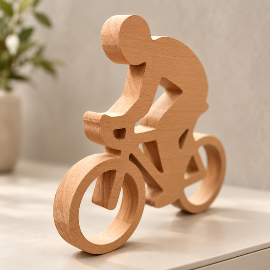 Houten wielrenner van massief beukenhout, schuin van voren gefotografeerd op een licht kastje – DecoSpace.