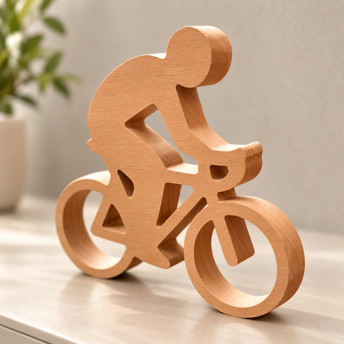 Houten wielrenner van massief beukenhout in schuin zijaanzicht, met de houtdikte en uitgesneden fiets duidelijk zichtbaar – DecoSpace.