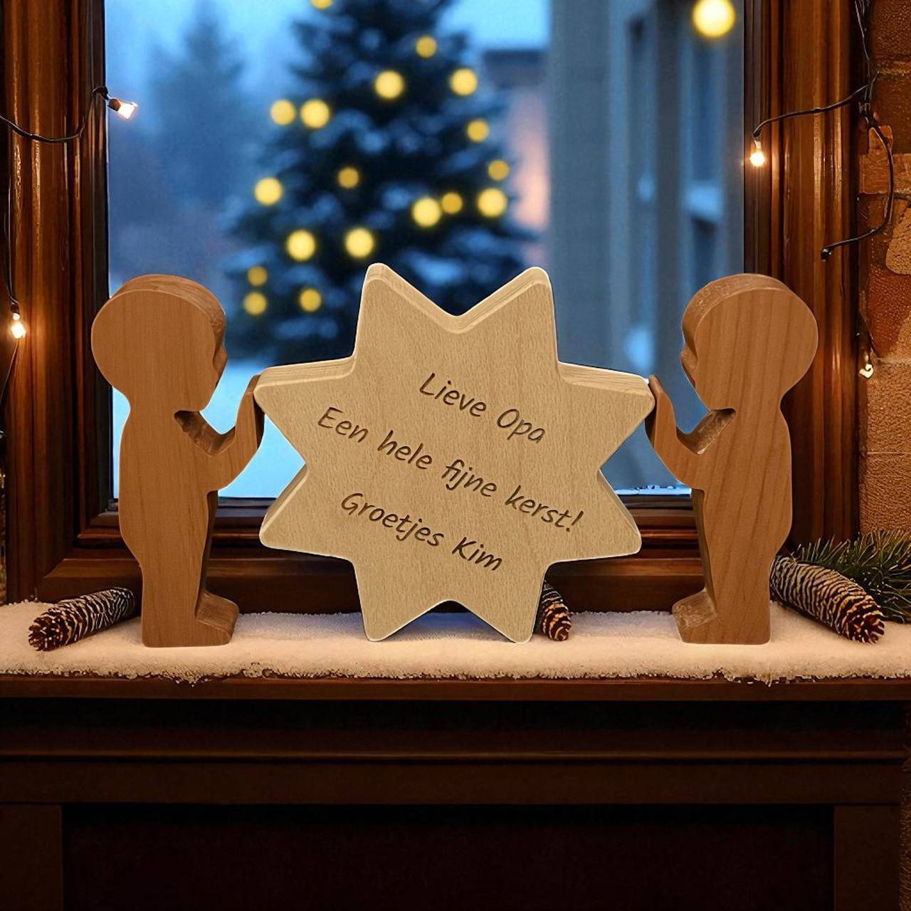 Houten kerstster beukenhout personaliseerbaar