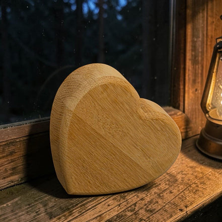 Massief eiken hart van 12 cm breed en 40 mm dik, handgemaakt door Decospace. Gepersonaliseerd met een lasergravure en geschikt als herinneringshart of persoonlijk cadeau.