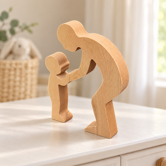 Beukenhouten ouder-kind-silhouet van DecoSpace op een witte kast in een lichte babykamer.
