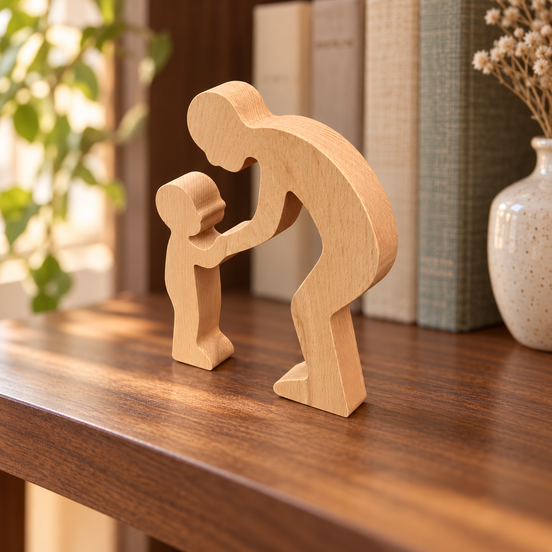 Beukenhouten ouder-kind-silhouet van DecoSpace op een houten plank, met boeken en een keramieken vaas op de achtergrond.