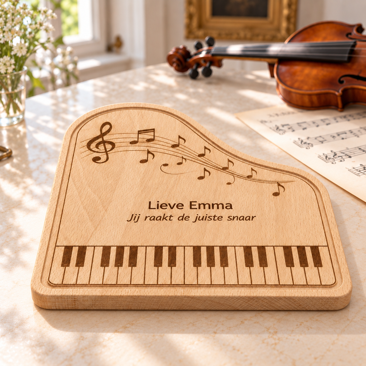 Beukenhouten pianoborrelplank van DecoSpace met pianotoetsen, muzieknoten en de gravure ‘Lieve Emma – Jij raakt de juiste snaar’, met een viool en bladmuziek op de achtergrond.