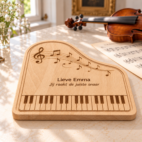 Beukenhouten pianoborrelplank van DecoSpace met pianotoetsen, muzieknoten en de gravure ‘Lieve Emma – Jij raakt de juiste snaar’, met een viool en bladmuziek op de achtergrond.