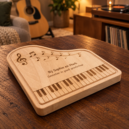 Beukenhouten pianoborrelplank van DecoSpace met pianotoetsen, muzieknoten en de gravure ‘Bij Sophie en Mark – Genieten in goed gezelschap’, met een gitaar en platenspeler op de achtergrond.