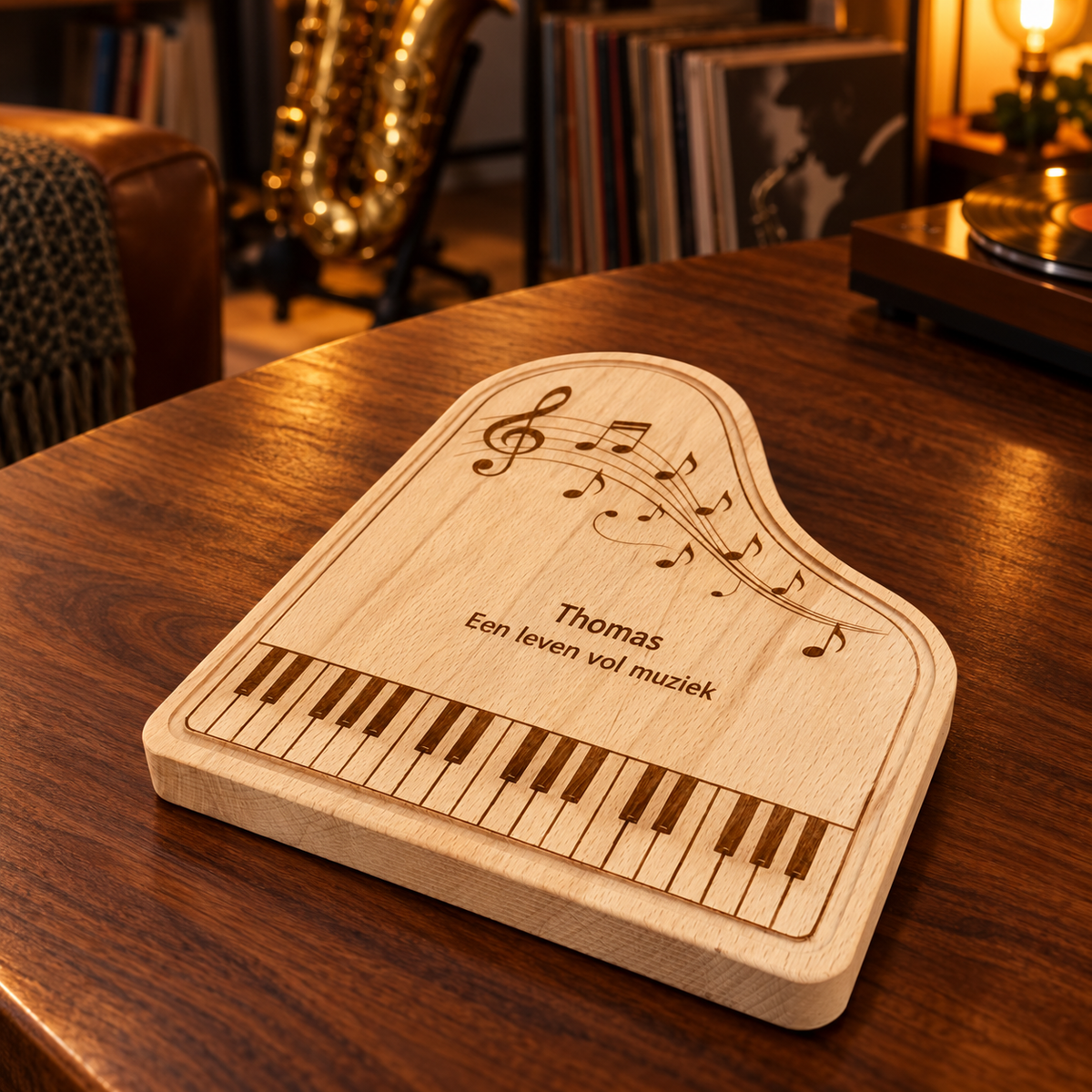 Beukenhouten pianoborrelplank van DecoSpace met pianotoetsen, muzieknoten en de gravure ‘Thomas – Een leven vol muziek’, met een saxofoon en vinylplaten op de achtergrond.