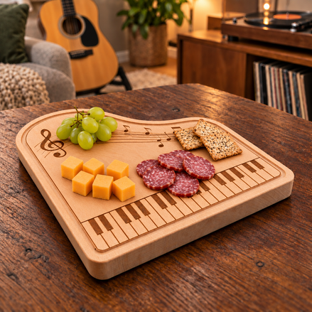 Beukenhouten pianoborrelplank van DecoSpace met gegraveerde pianotoetsen en muzieknoten, gevuld met kaas, worst, druiven en crackers op een houten tafel.