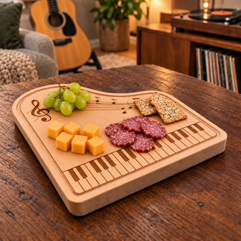 Beukenhouten pianoborrelplank van DecoSpace met gegraveerde pianotoetsen en muzieknoten, gevuld met kaas, worst, druiven en crackers op een houten tafel.