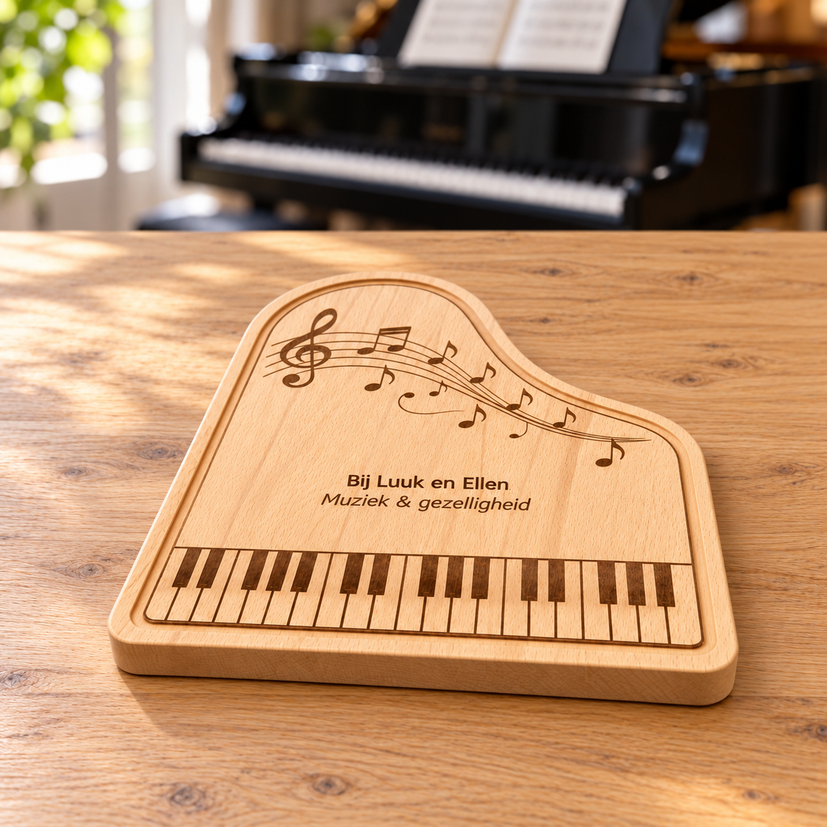 Beukenhouten pianoborrelplank van DecoSpace met gegraveerde pianotoetsen, muzieknoten en de tekst ‘Bij Luuk en Ellen – Muziek & gezelligheid’, met een piano op de achtergrond.