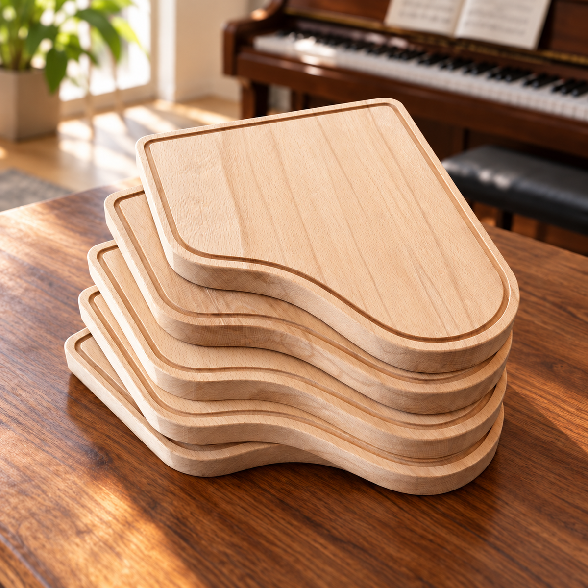Stapel ongegraveerde beukenhouten pianoborrelplanken van DecoSpace op een houten tafel met een piano op de achtergrond.