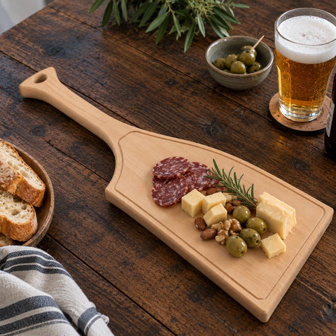 Roeiriem borrelplank van massief beukenhout met sapgeul, sfeervol gepresenteerd met kaas, salami, olijven en noten op een rustieke houten tafel met een glas bier.