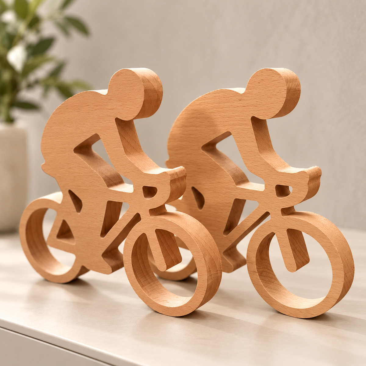 Twee houten wielrenners van massief beukenhout naast elkaar op een licht kastje – DecoSpace.