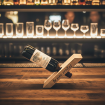 Wine bottle on a wooden stand with blurred bar background